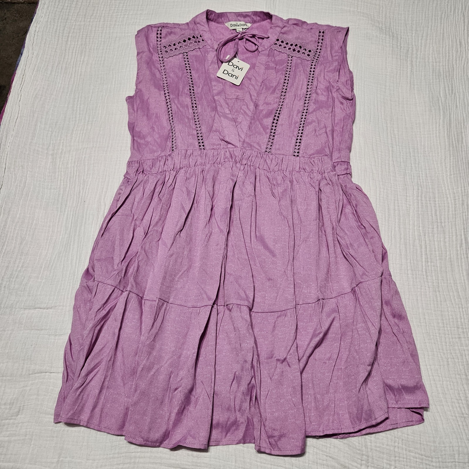 Boho Tiered Midi Dress XL Purple Sleeveless Lace Babydoll Sun Dress Pockets