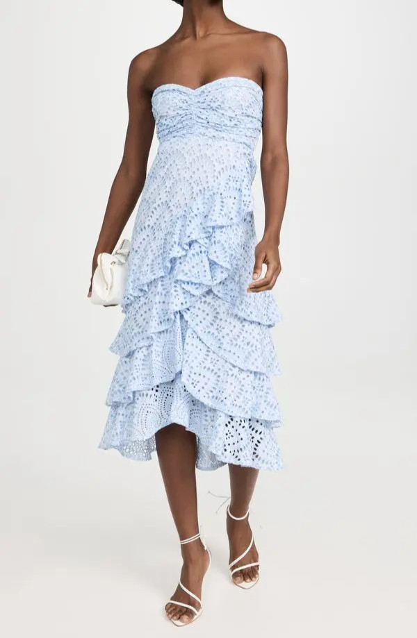 SUNDRESS Flavie Blue Eyelet Strapless Tiered Ruffle Midi Dress S $264