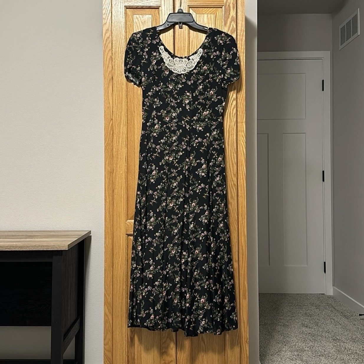 Joni Blair Black Floral Lace Trim Fit & Flare Midi Dress Scoop Neck S