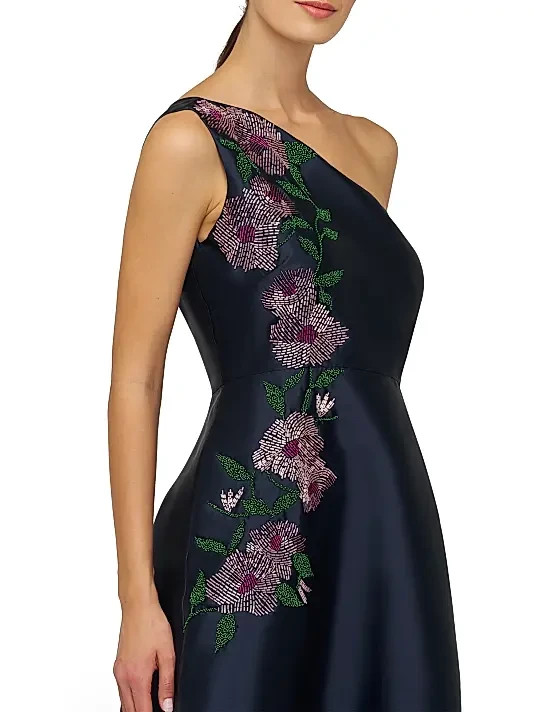 Kay Unger Midnight Blue Giada Embellished One-Shoulder A-Line Gown Size 10 $398