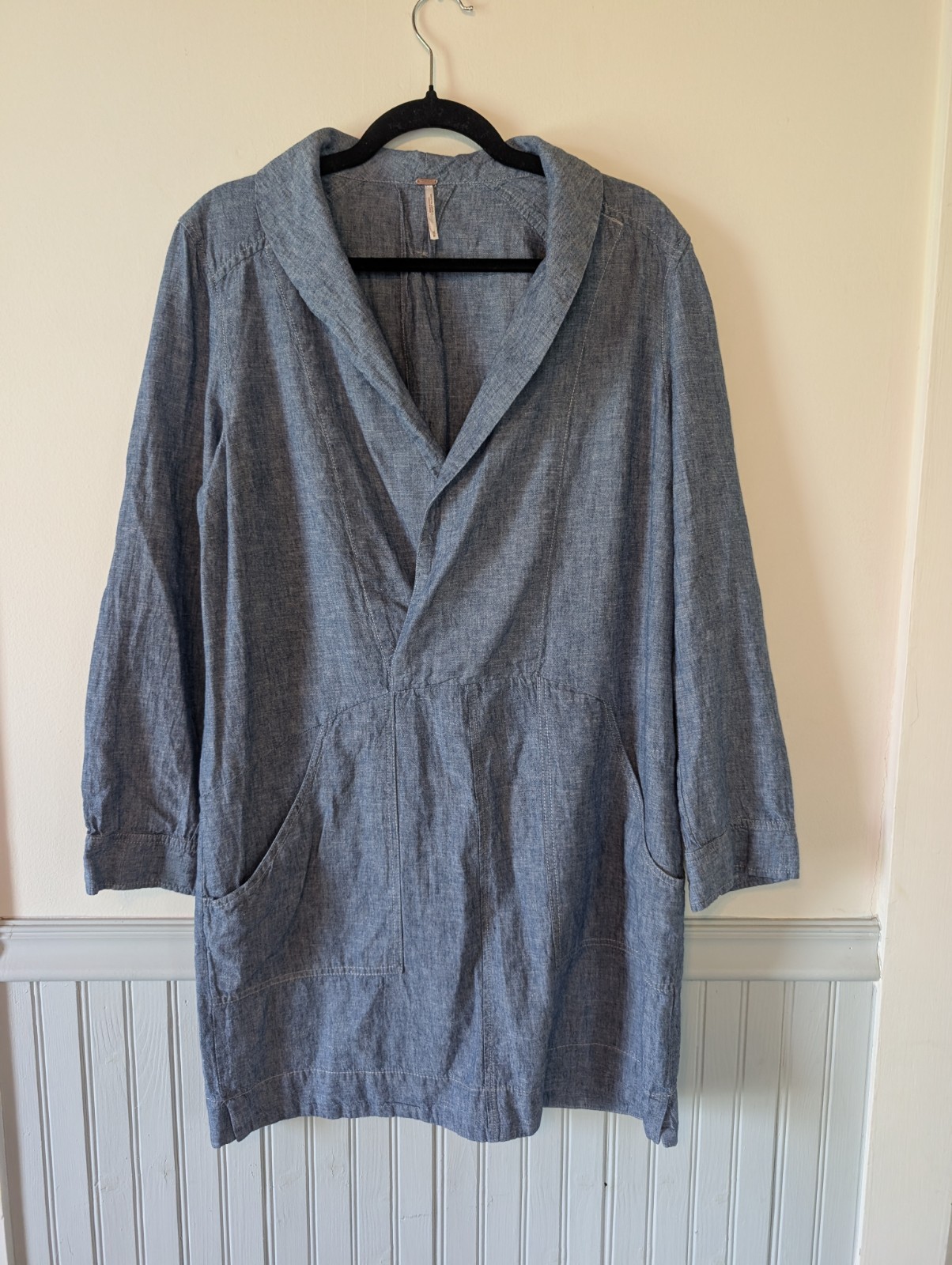 Free People Chambray Mini Dress Medium Linen Boho Western Classic Beach Coastal