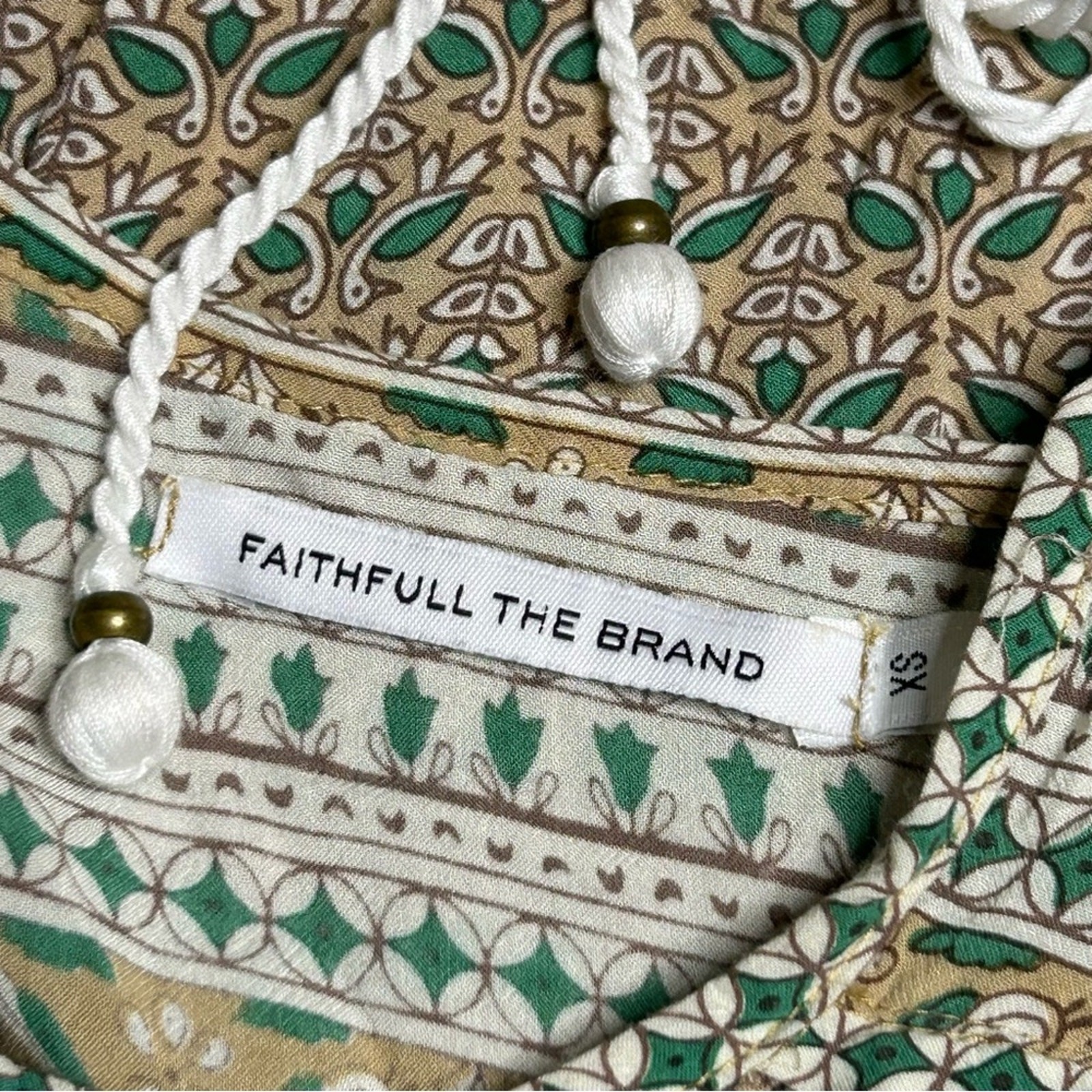 Faithfull The Brand Tunic Dress Bird Print Boho Green Tan XS