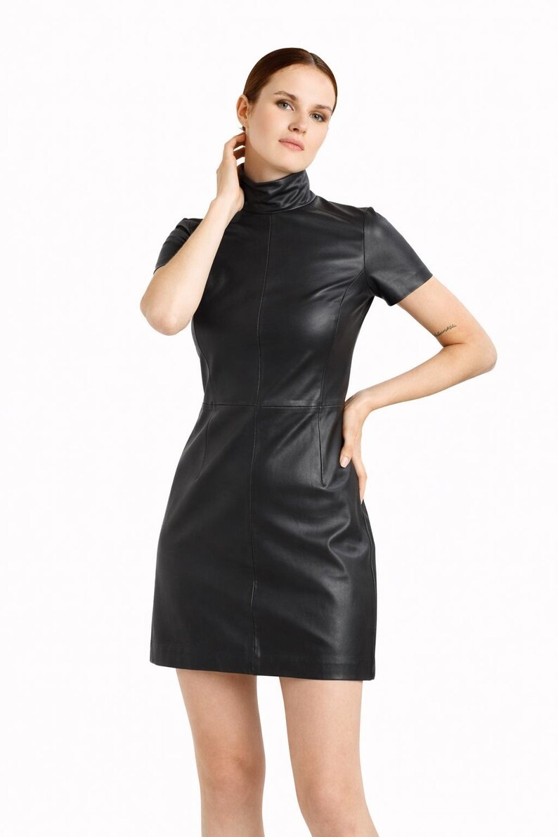 Women’s Genuine Lambskin Leather Mini Dress High Neck Short Sleeve Black Dress