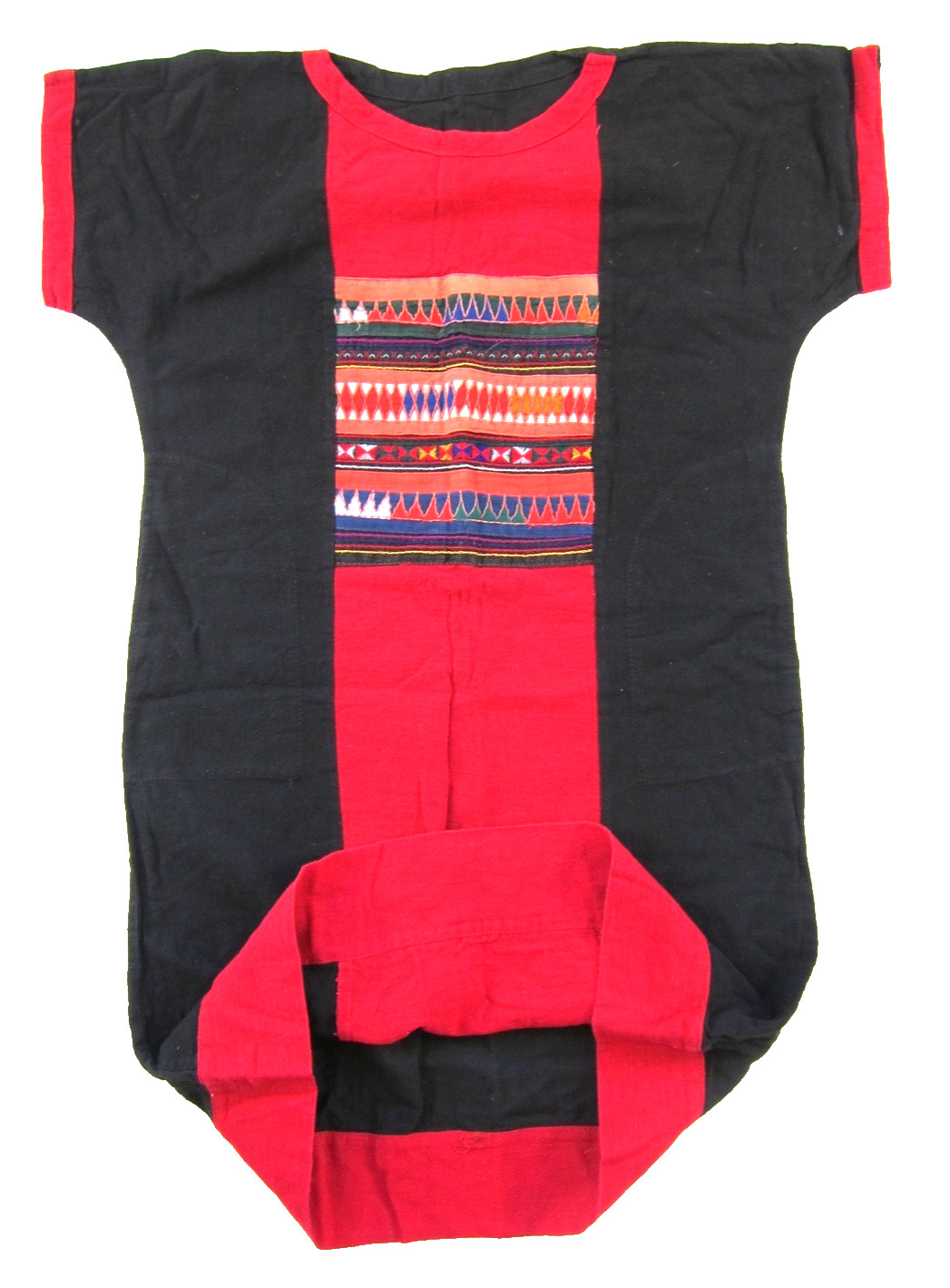 VTG Handmade Black Red Green Heavy Cotton Short Sleeve Pocket Tunic Dress S-M