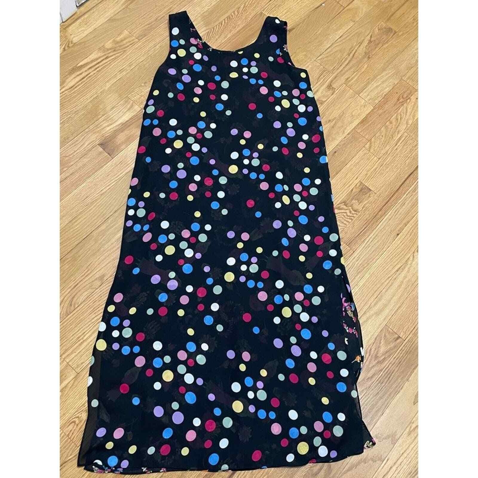 Novelty Print Vtg Reversible Maxi Shift Dress Sleeveless Black Floral & Polkadot