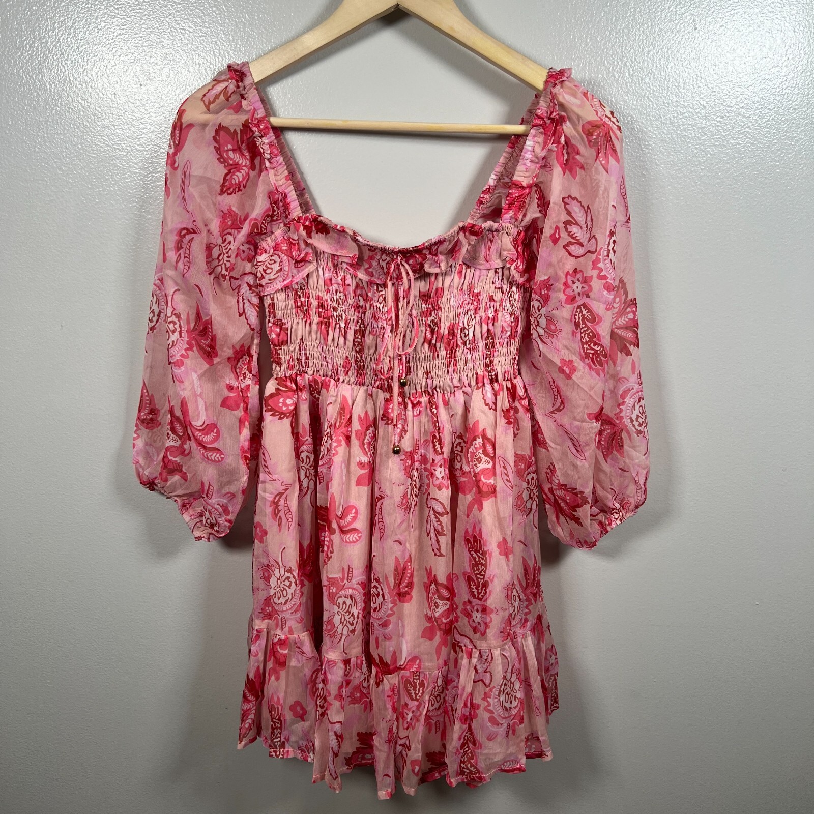 Hello Molly Aura Check Mini Dress Size US 2 Pink Floral Babydoll Chiffon