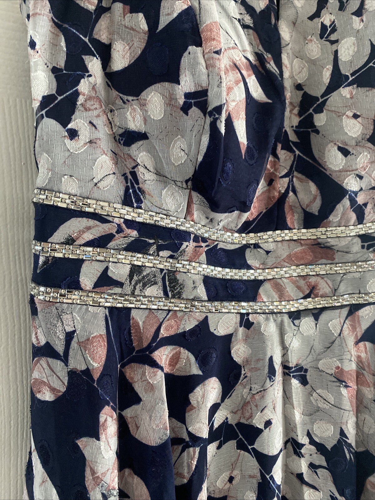 R&M Richards High-Low Floral Gown Womens Size 6 Navy Silver Rhinestone Dress NEW