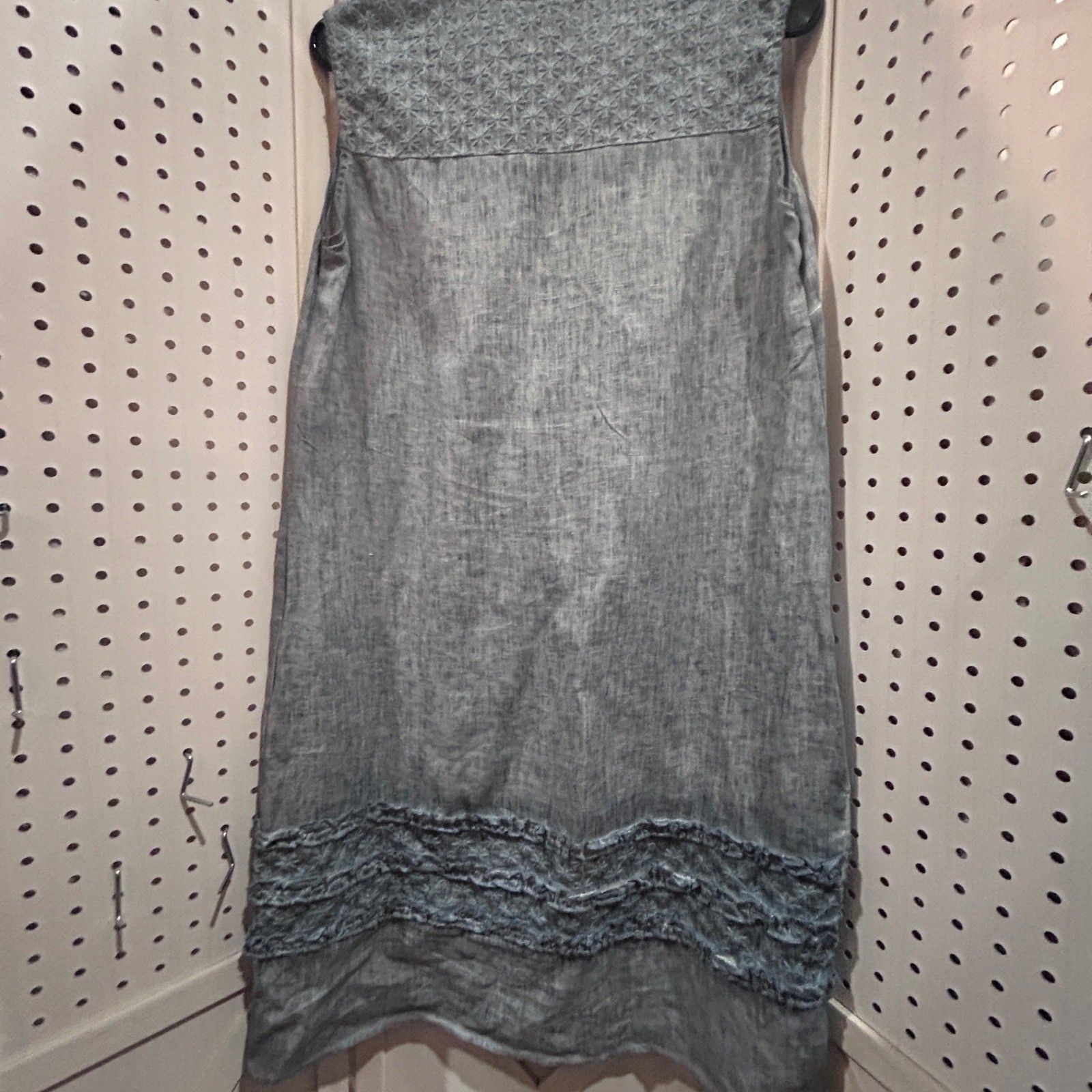 Crosstreet Lane Linen Embroidered Ruffle Dress Blue Size M Sleeveless V Neck