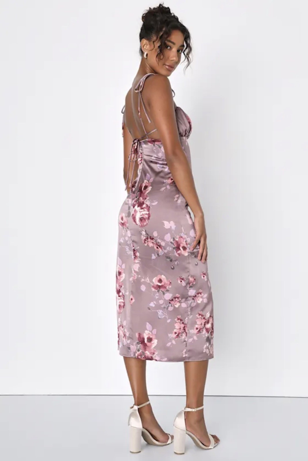 Lulus Mauve Pink Floral Satin Midi Dress – Size L – A+ Condition – Sexy Summer