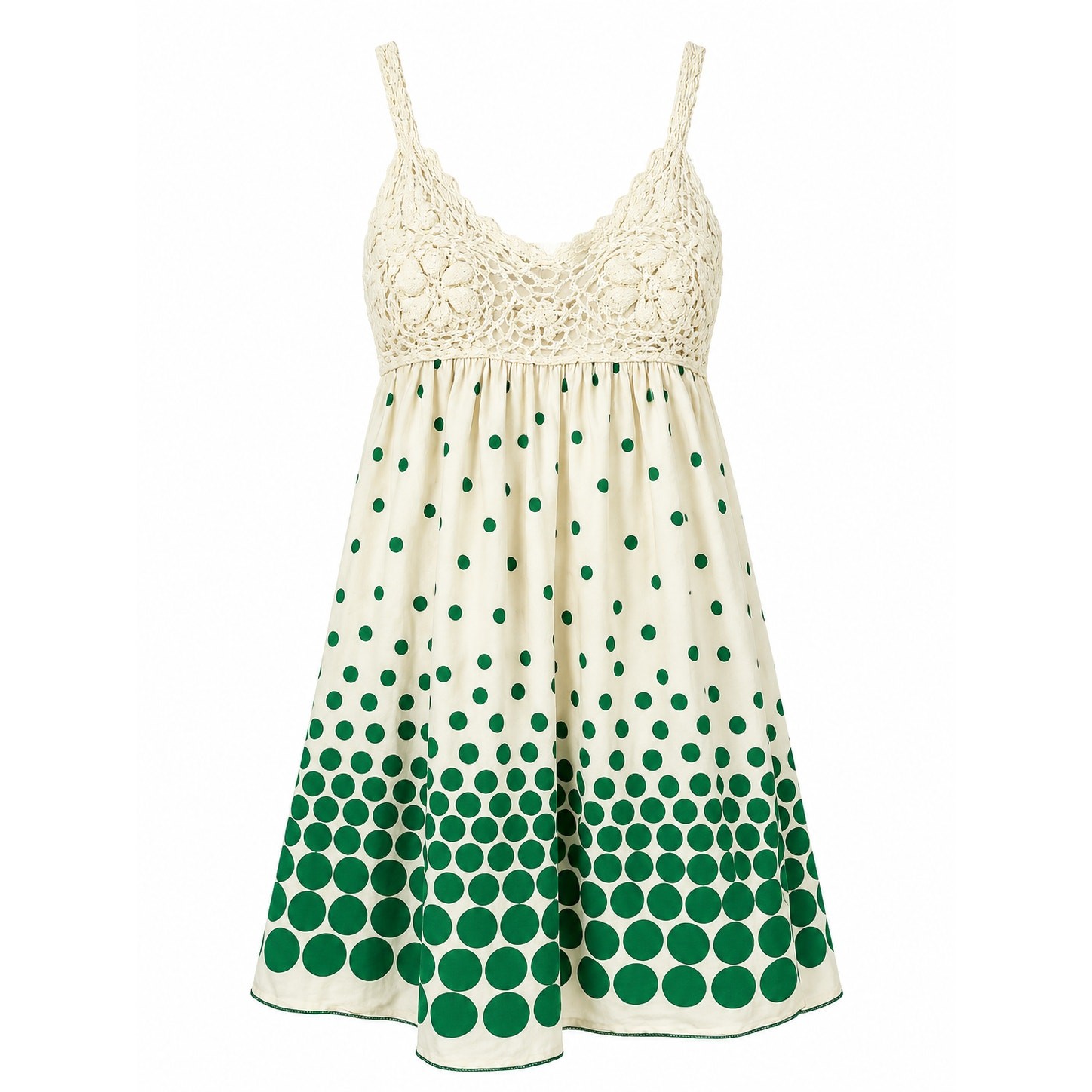 Women’s Boho Crochet Lace Green Polka Dot Sleeveless Babydoll Dress Size S F299