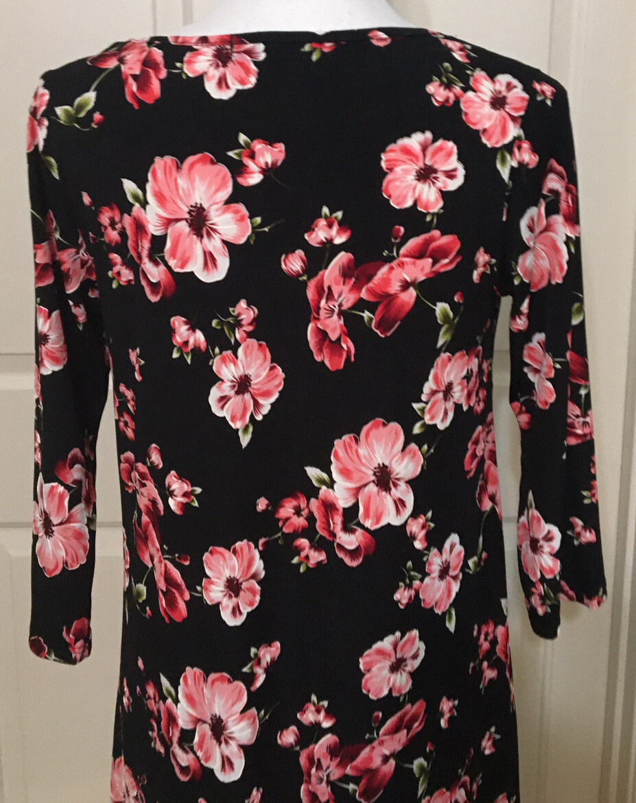 Espresso size M black red green floral slinky A-line 3/4 sleeve dress women’s