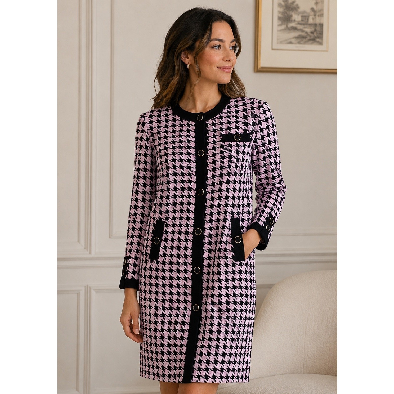 Vintage St Gillian Petites Houndstooth Silk Dress Black Blush Statement Dress
