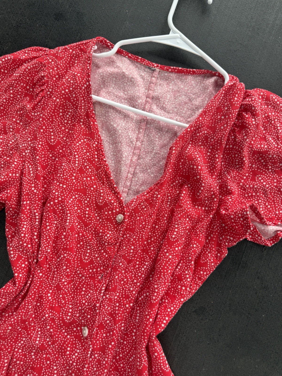 Red White Paisley V-Neck Flutter Short Sleeve Button Front Mini Dress M