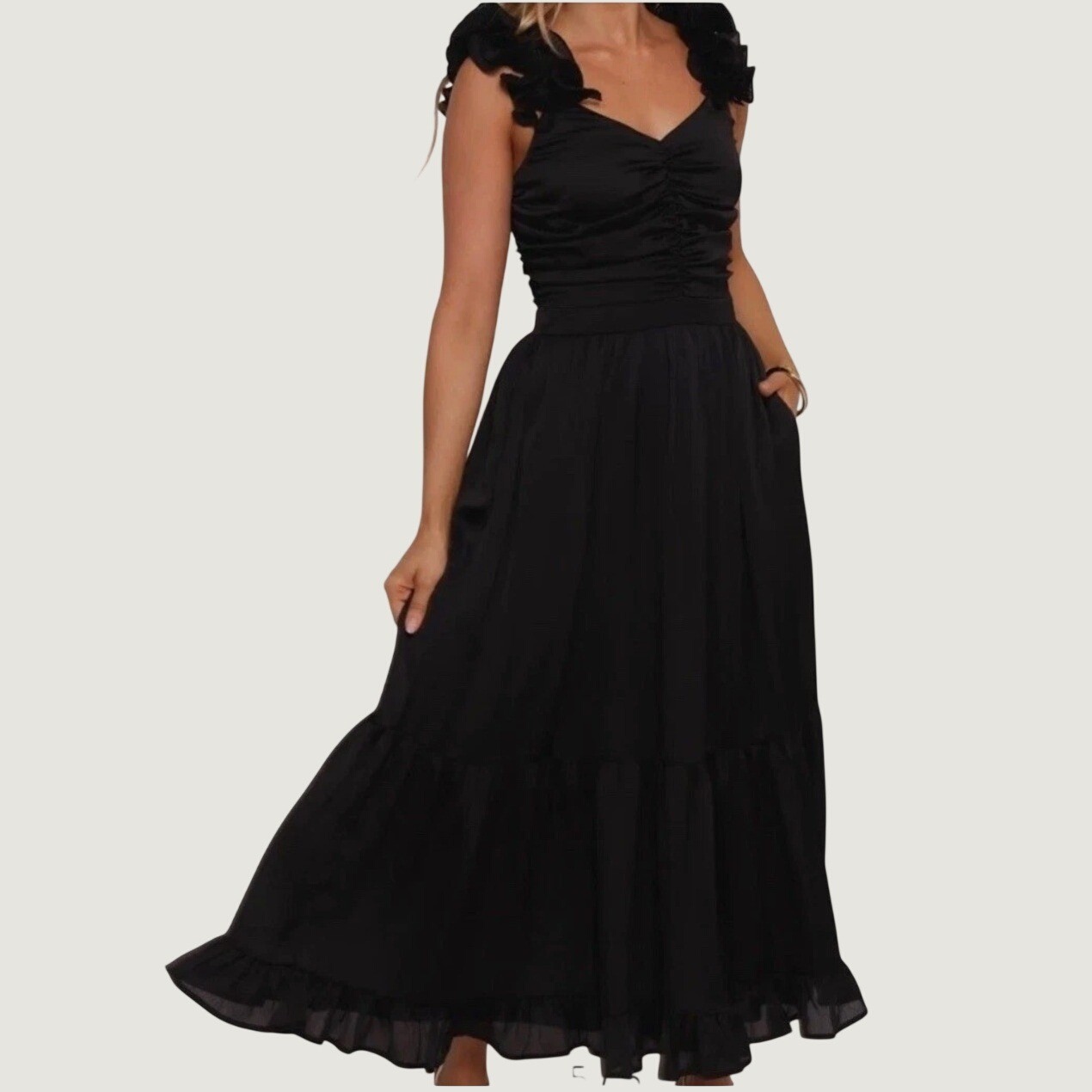 Petal + Pup Black Ruched Midi Dress Ruffles Straps Women US Medium Textured