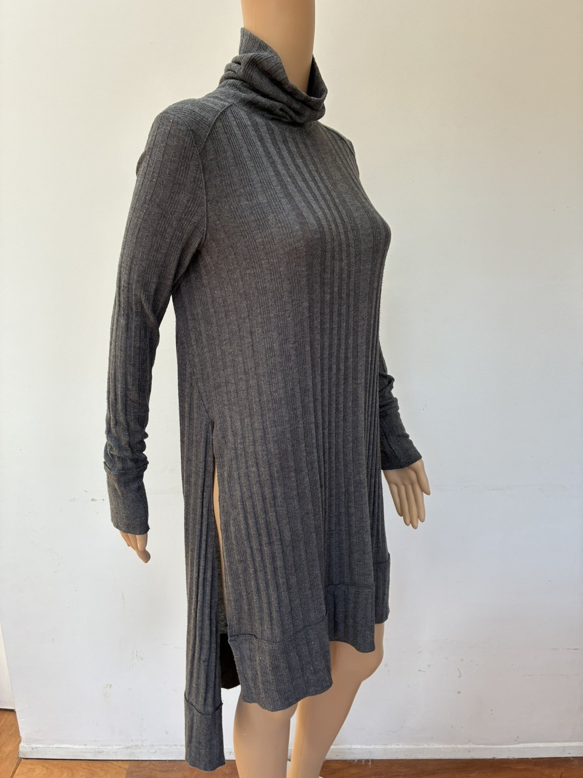 We The Free People gray rib high low split hem turtleneck tunic sweater dress S