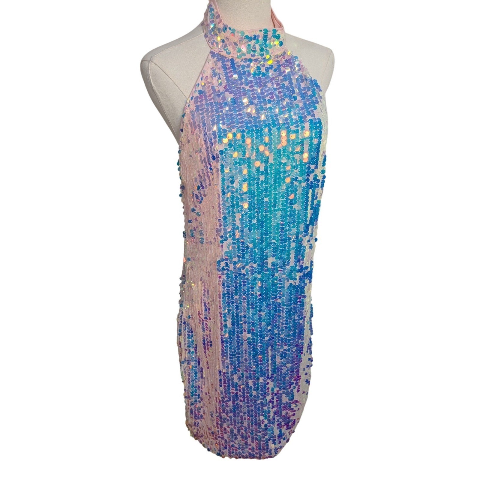 Altar’d State Opal Sequin Mini Dress L Halter High Neck Iridescent Mermaid Party