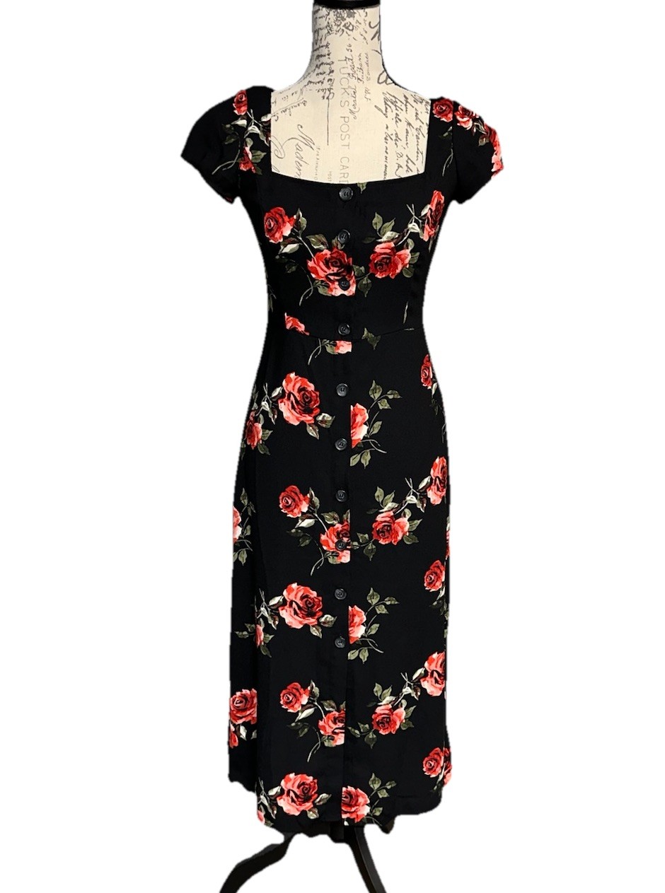 BP X Claudia Sulewski Short Sleeve Red Roses Black Dress Size XS