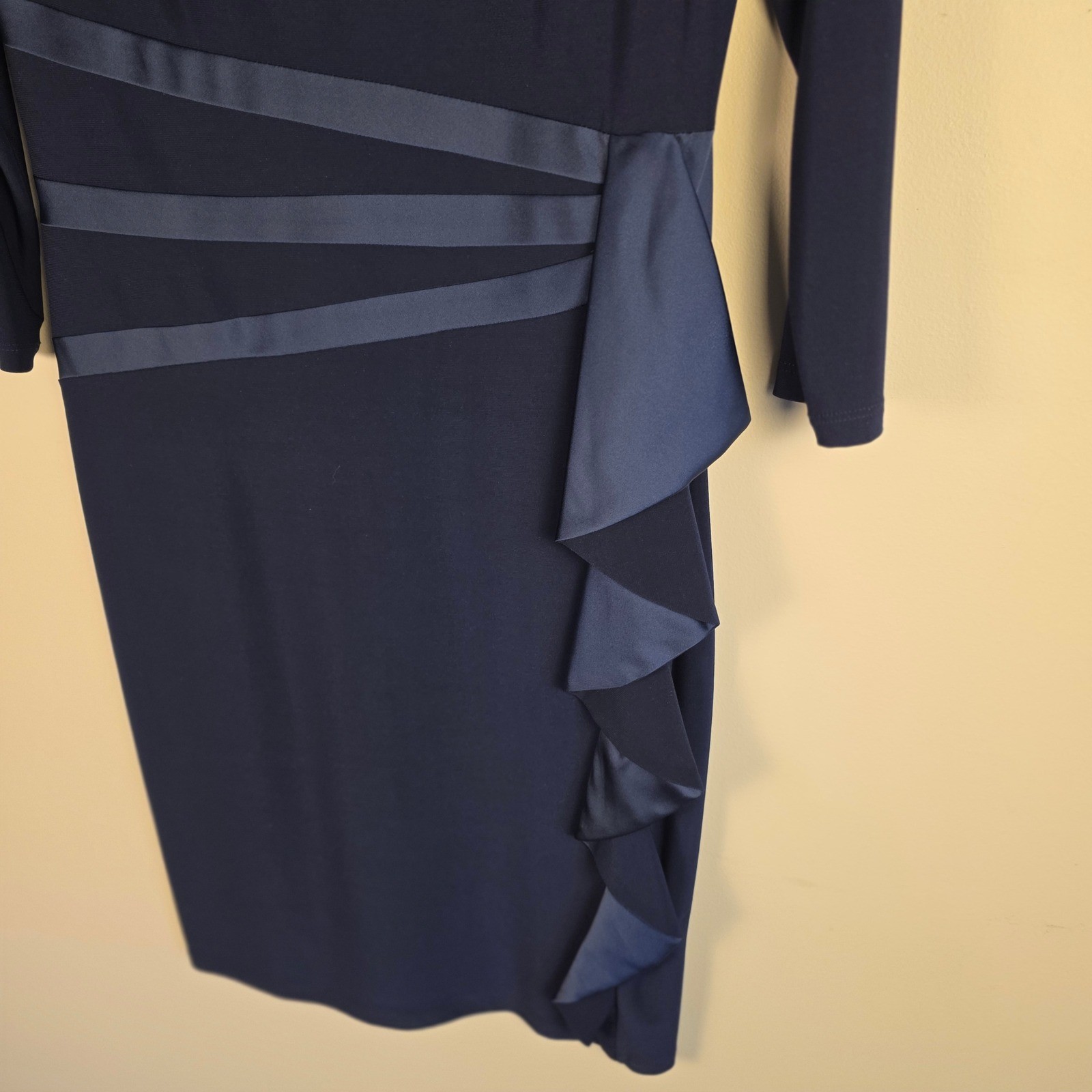 Vintage 90s Ralph Lauren American Living Sheath Dress Womens 8 Navy Ruffle Satin