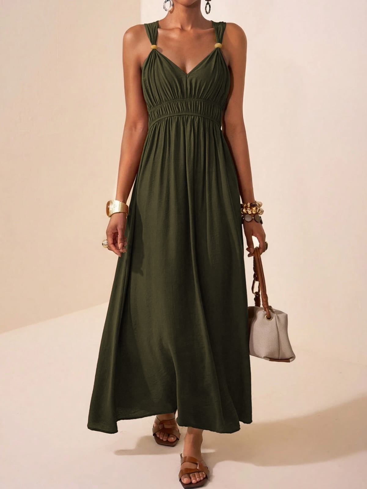 2026 Women’s V Neck Sleeveless Maxi Dress Solid Color Beaded Summer Long Dress