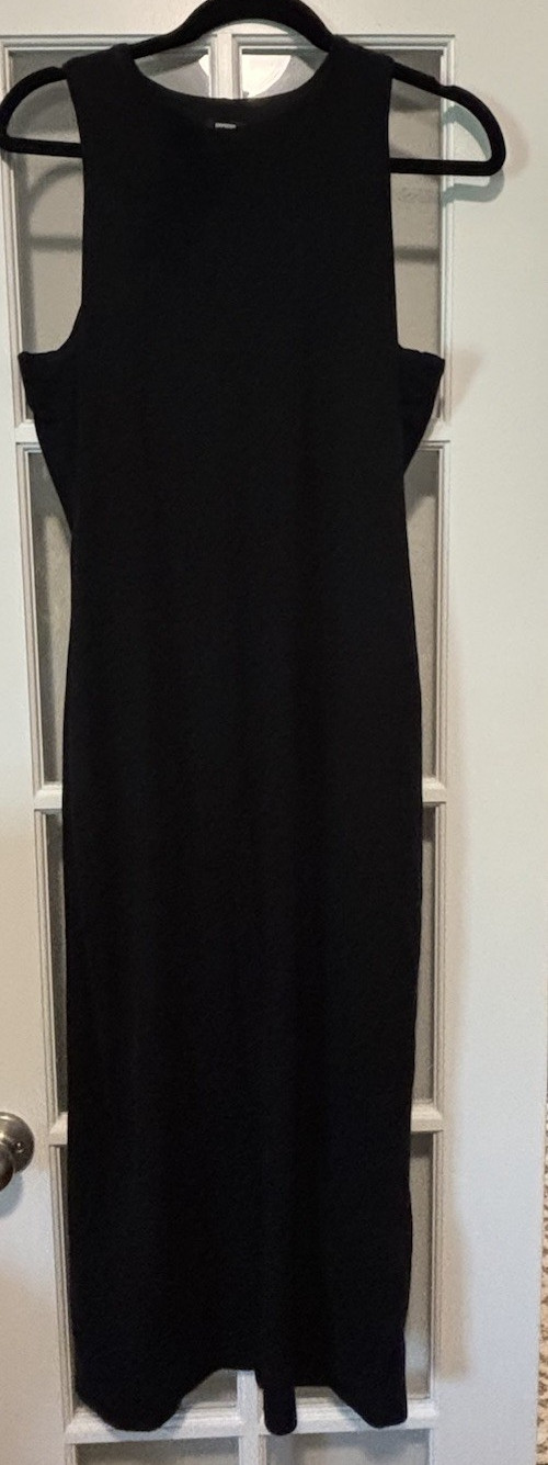 Express Black Solid Sheath Dress L Regular Sleeveless Crew Neck Midi