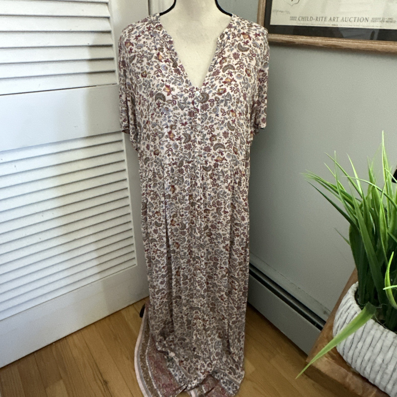 J Jill Maxi Dress Womens Large Beige Micro Floral Shift Earthy Prairie Boho Chic