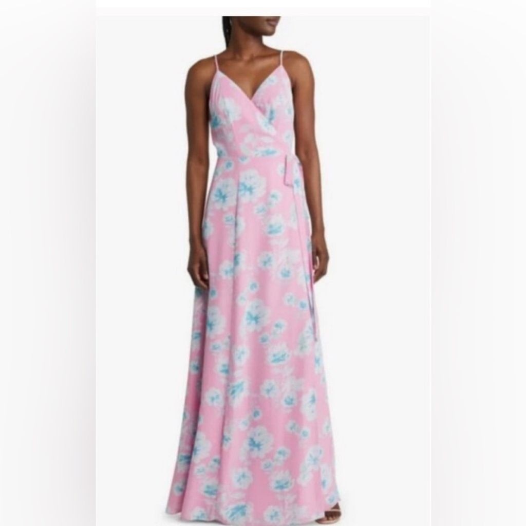 262. WAYF The Angelina Floral Wrap Gown Blue Pink Floral Print Small S