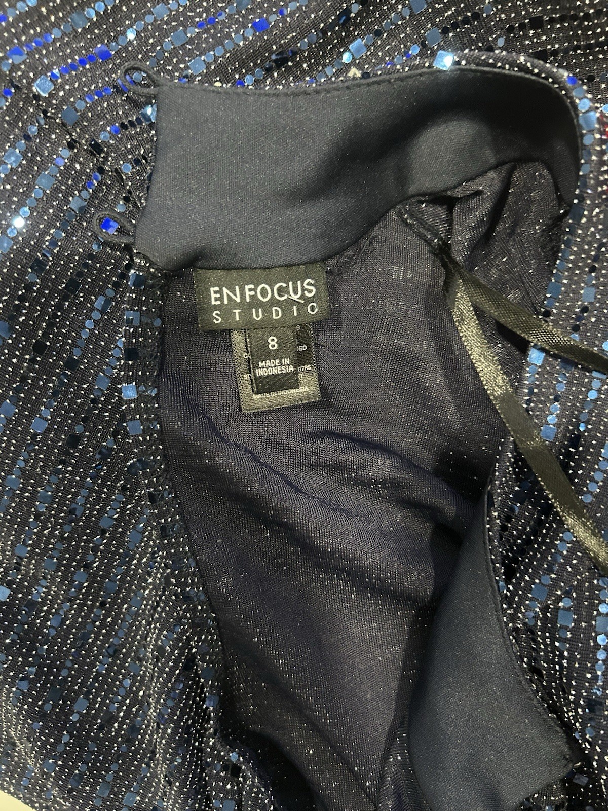 En Focus Studio Navy Sequin Mock Neck Keyhole Sleeveless Sheath Stretch Dress 8