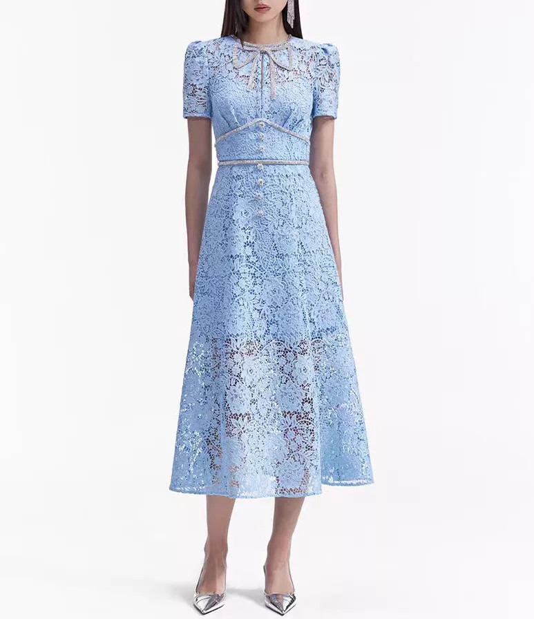 Self-Portrait Women’s Blue Lace A-line Dress Short Sleeve Midi Dress for Ladies