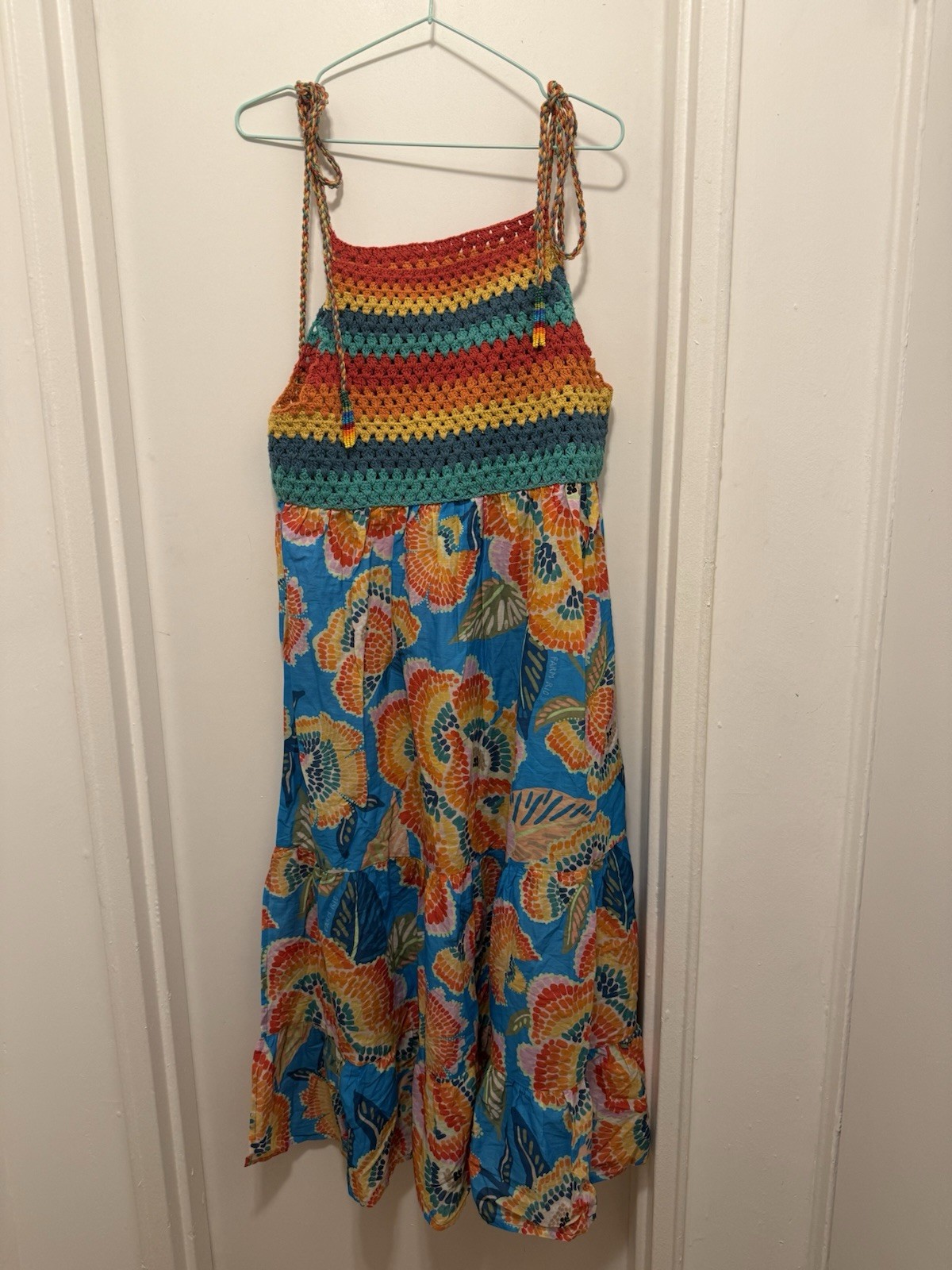 Farm Rio Floral Crochet Midi Sundress Square Neck Beaded Tie Adjustable Size S
