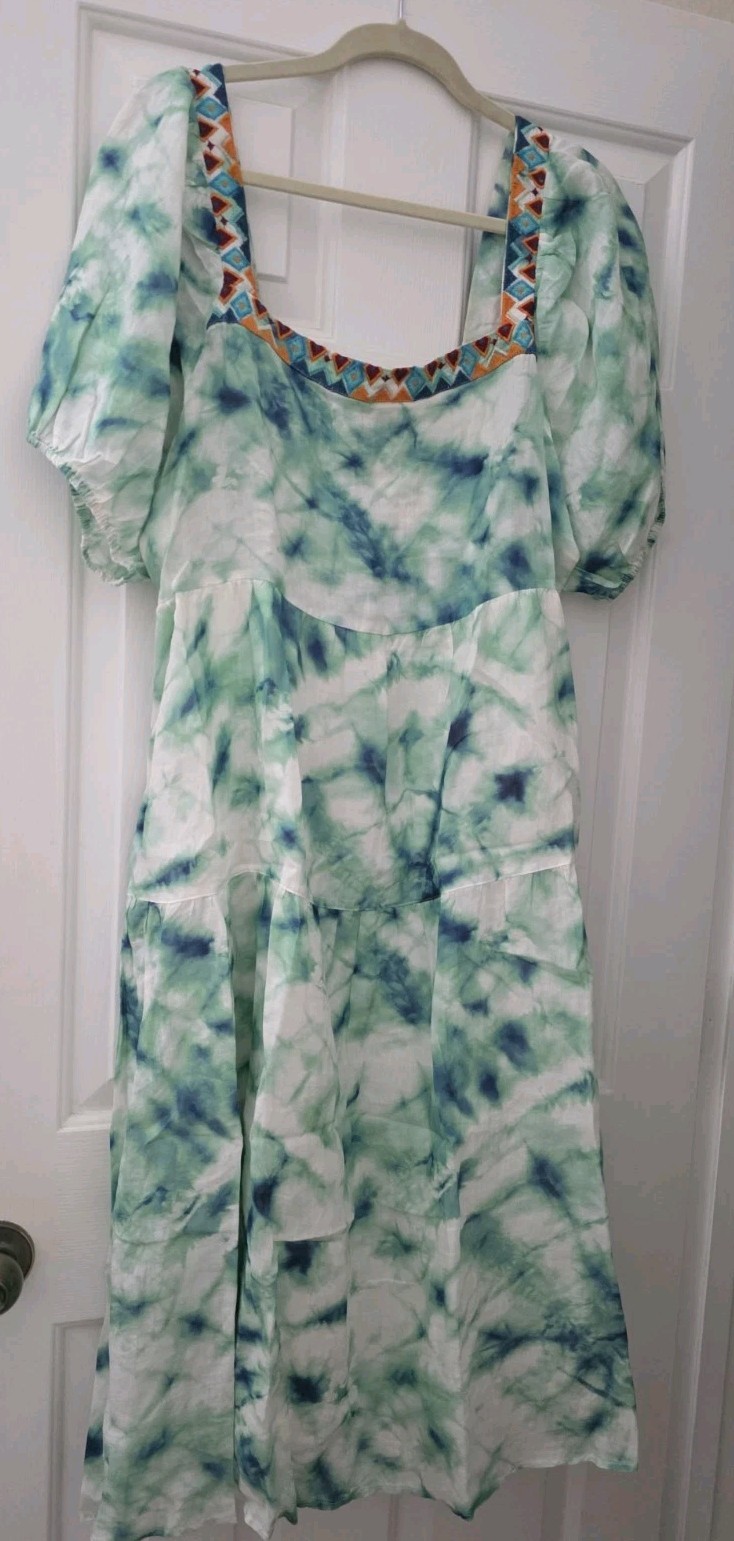 Johnny Was Jade Marble Puff Sleeve Embroidered Neck Midi Dress, Large, MSRP $298