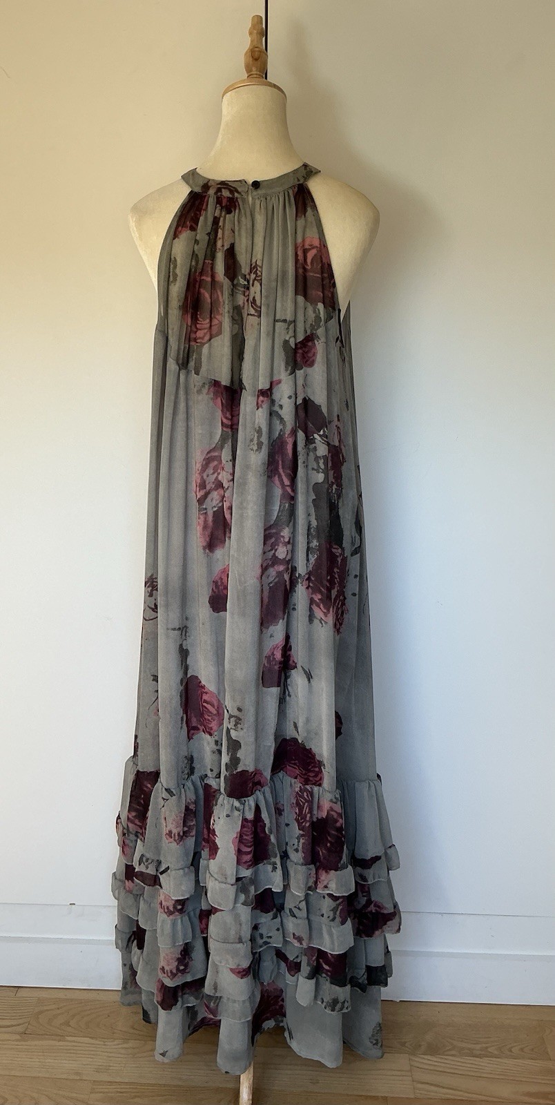 Vintage Religion Grey Purple Floral Halter Neck Maxi Dress Ruffle Hem Size M