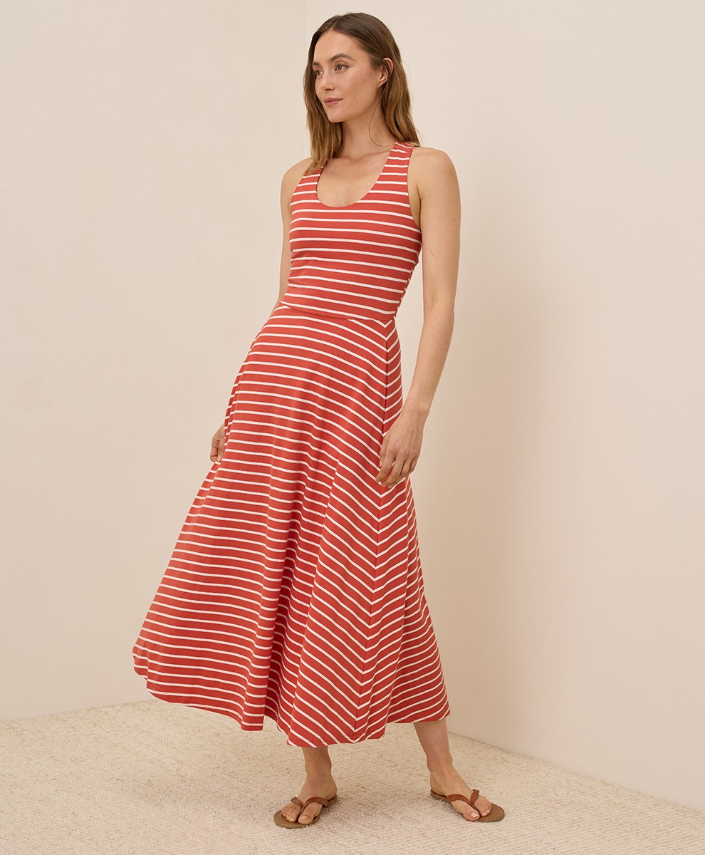 Pact Women’s Small Fit & Flare Open Back Maxi Dress Daytripper Stripe