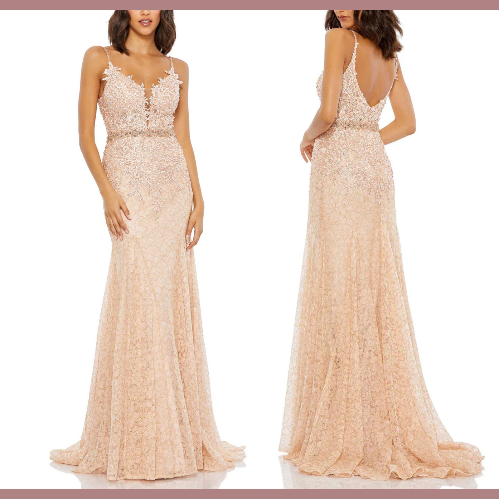 NWT Mac Duggal [ 0 ] 79341 Applique Plunge Neck Trumpet Gown in Blush Pink J1644