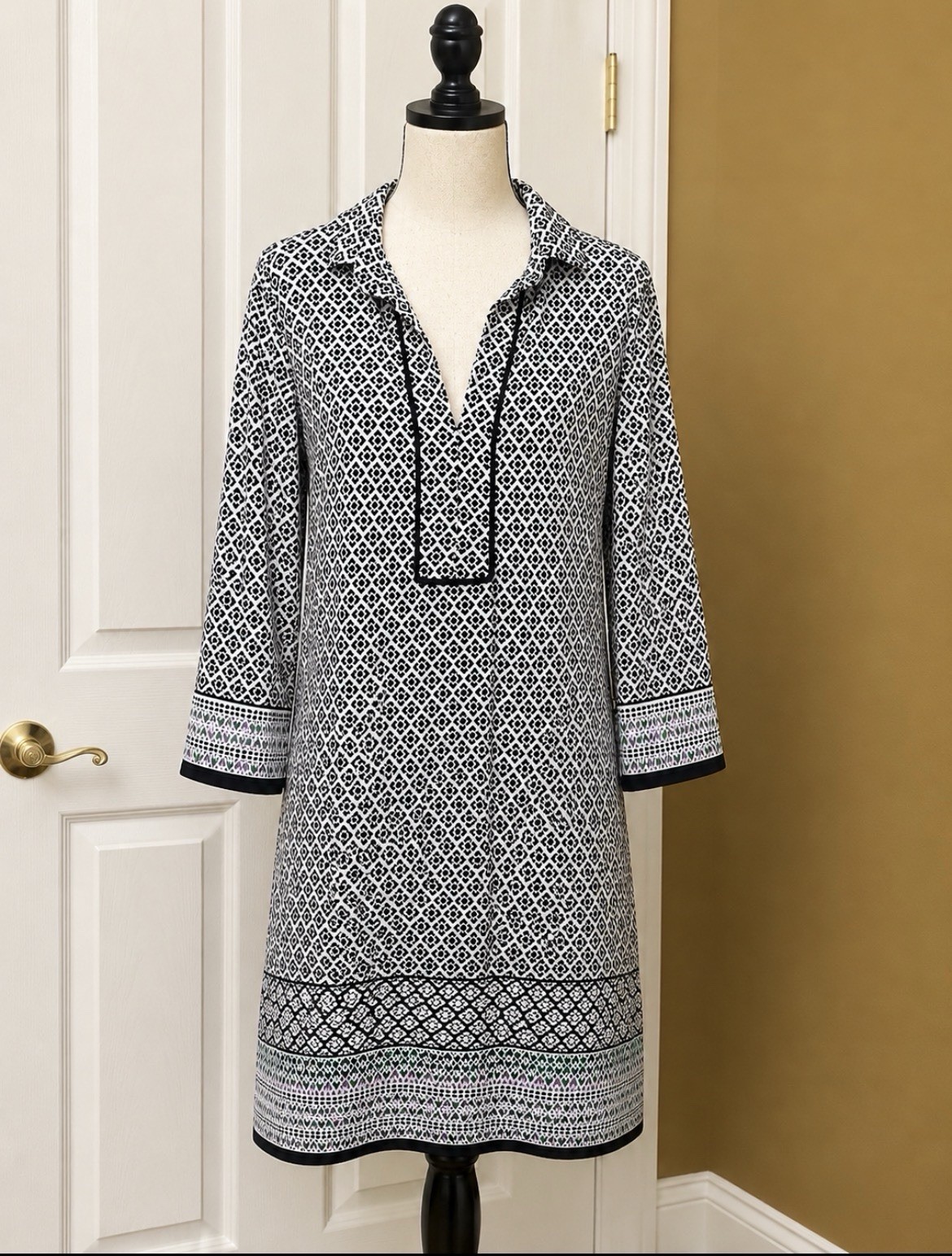 MAX STUDIO Women’s Boho Pattern 3/4 Sleeve Collared Shirt Dress Size M