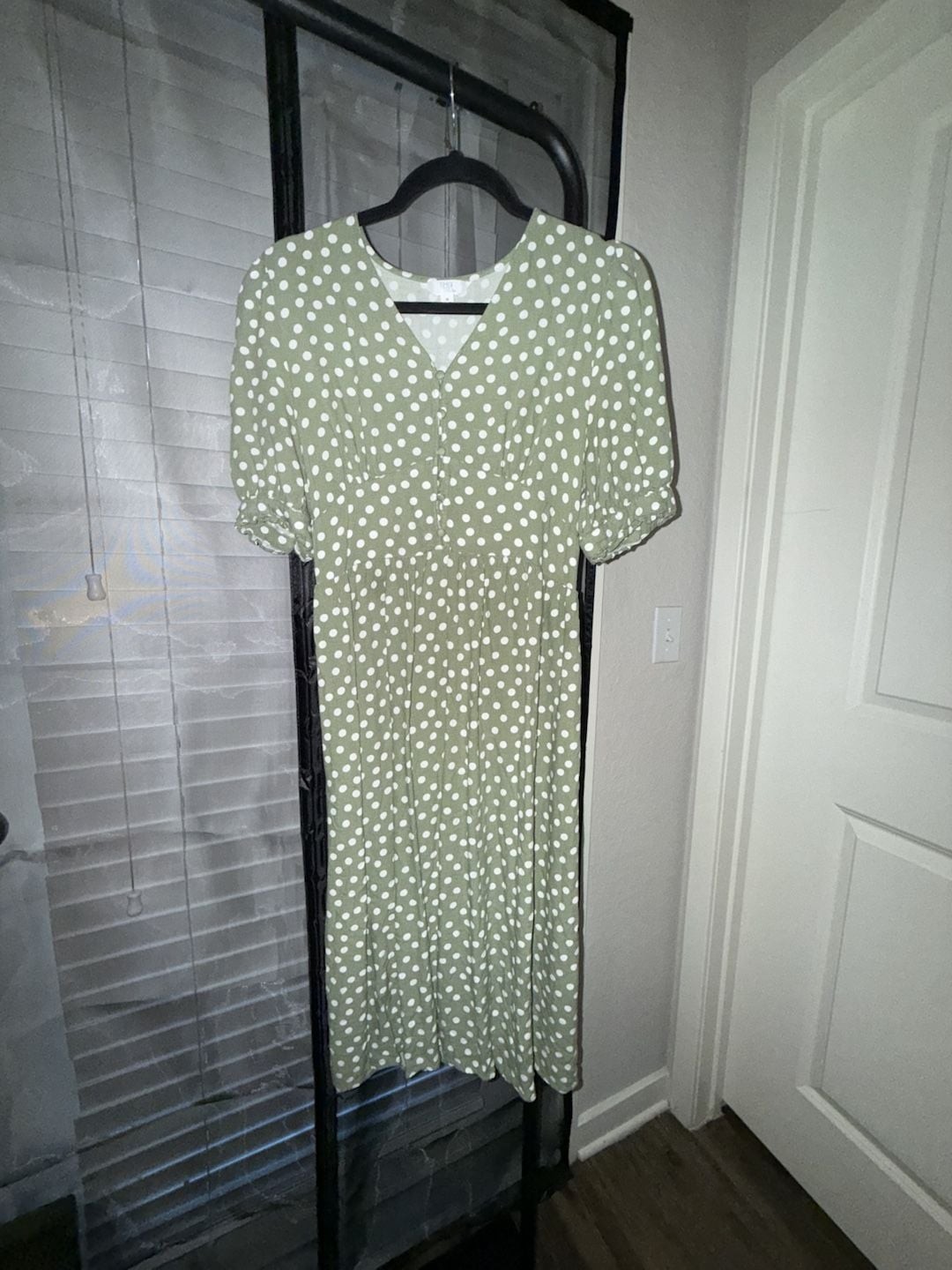 Time and Tru Sage Green Polka Dot V-Neck Midi Dress