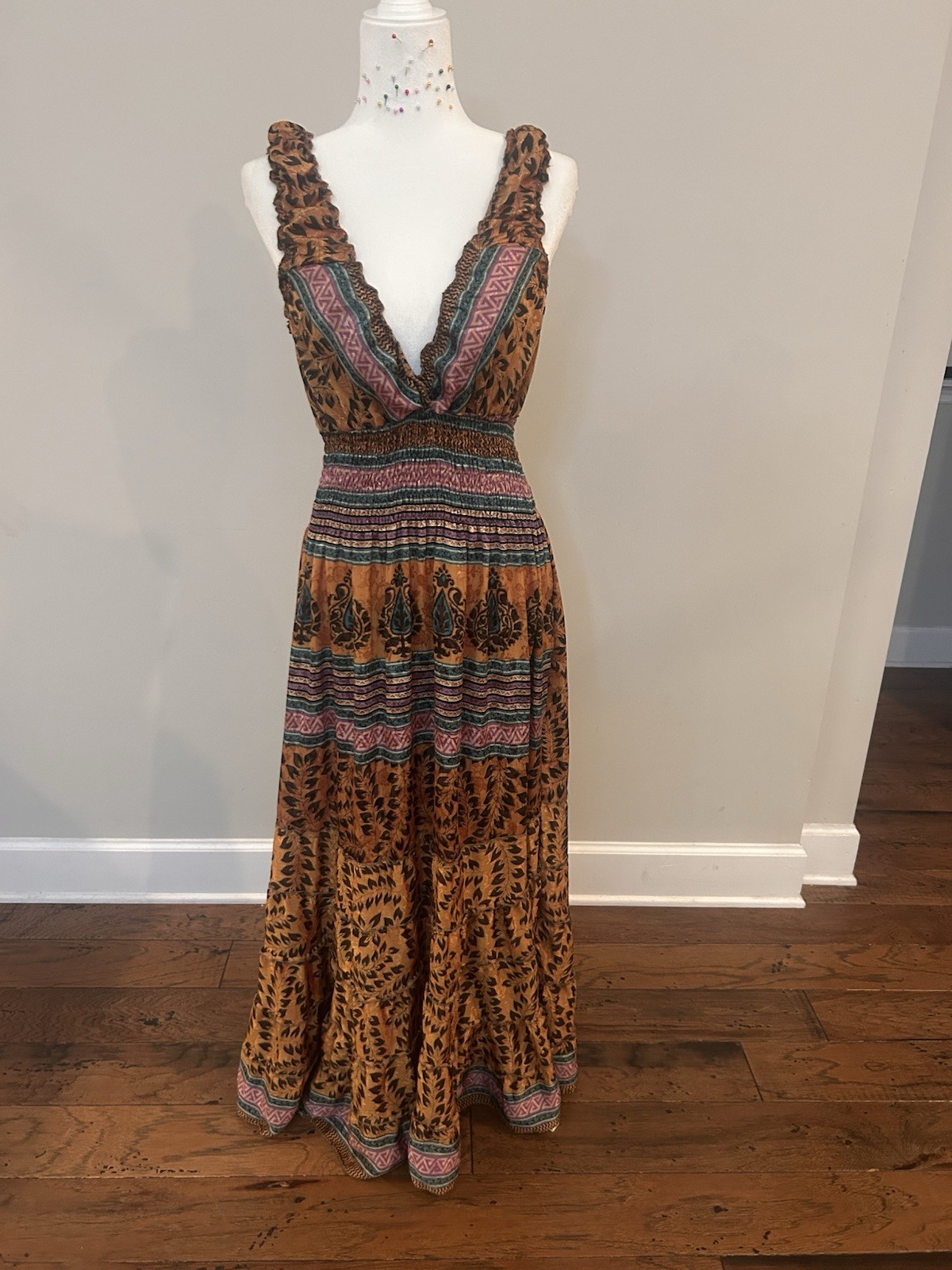 etc Brown Floral Silk/Viscose Chiffon Smocked Ruffle Strappy V-Neck Maxi OS