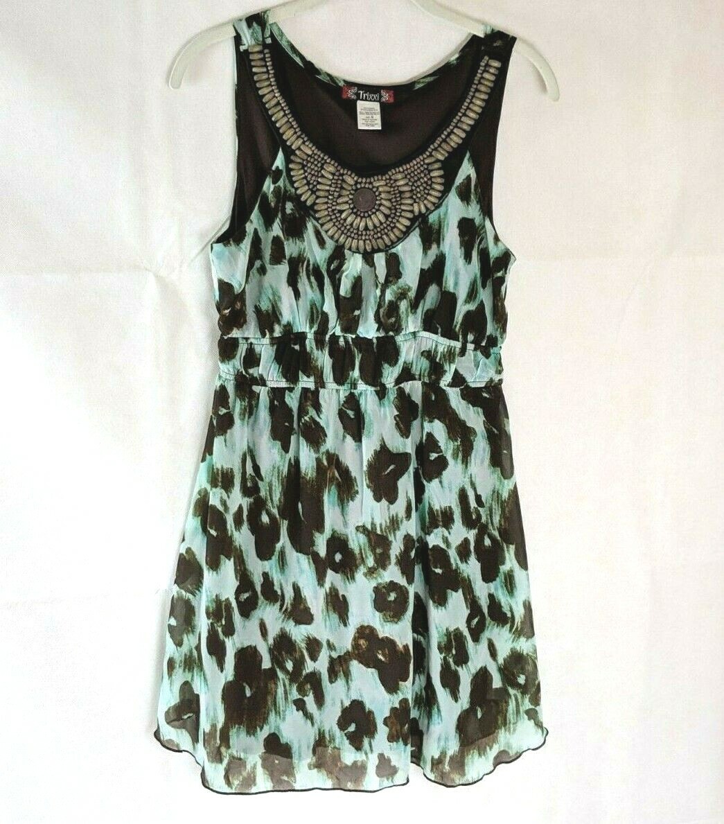 TRIXXI Sleeveless Dress Tribal Beaded Neck Small Boho Leopard Teal Lined Chiffon