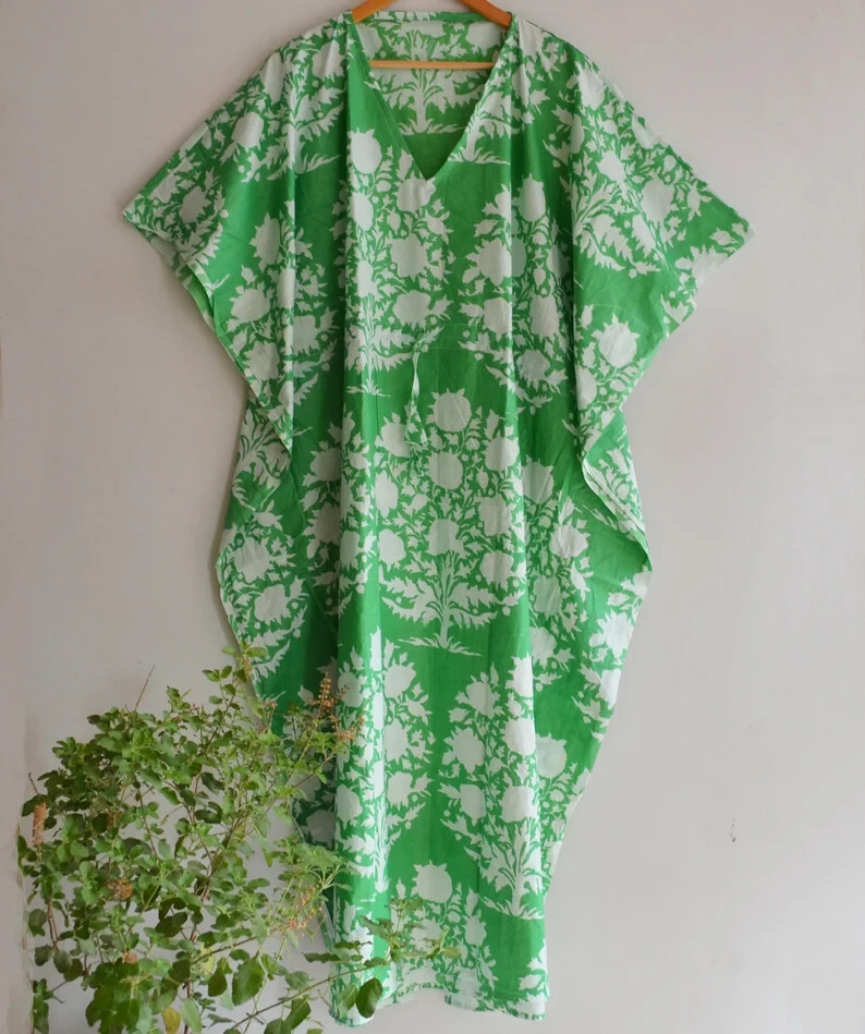 Indian Vintage 100% Cotton Long Beach Maxi Kaftan Dress One Size Caftan Kimono