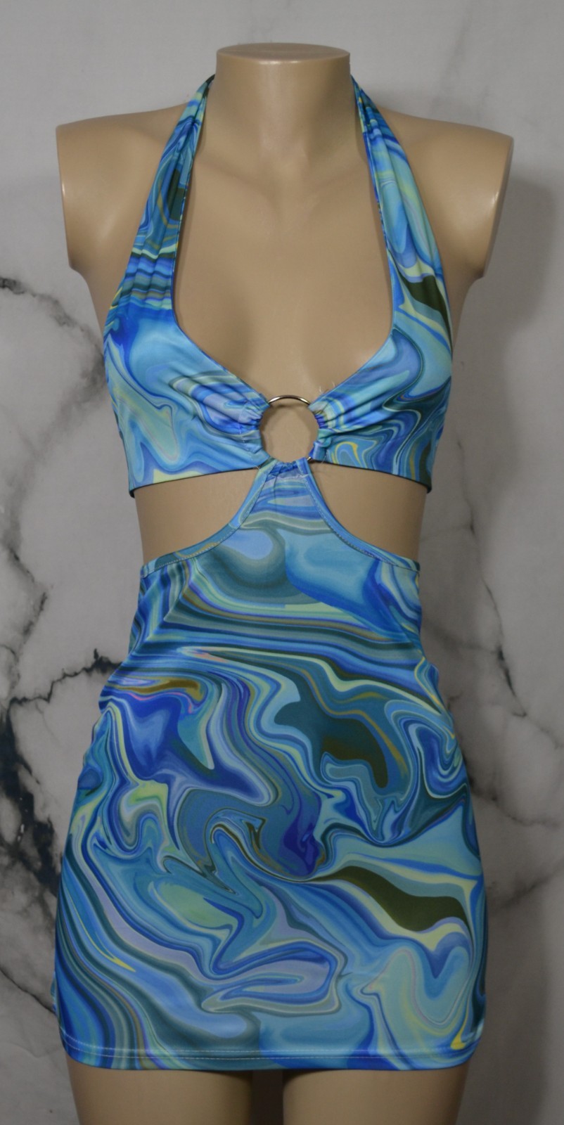 EMVIE’S FASHIONS Blue Gold White Yellow Swirl Bikini Mini Dress Small Back Ties