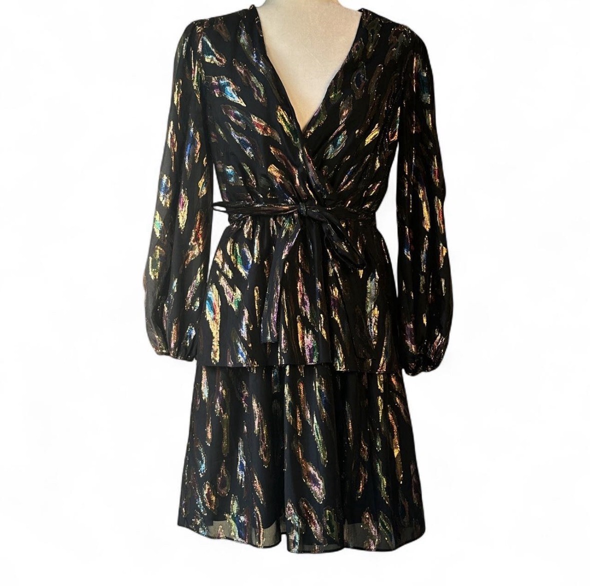 Julia Jordan black & Gold Metallic/iridescent Feather Cocktail Dress Size 8