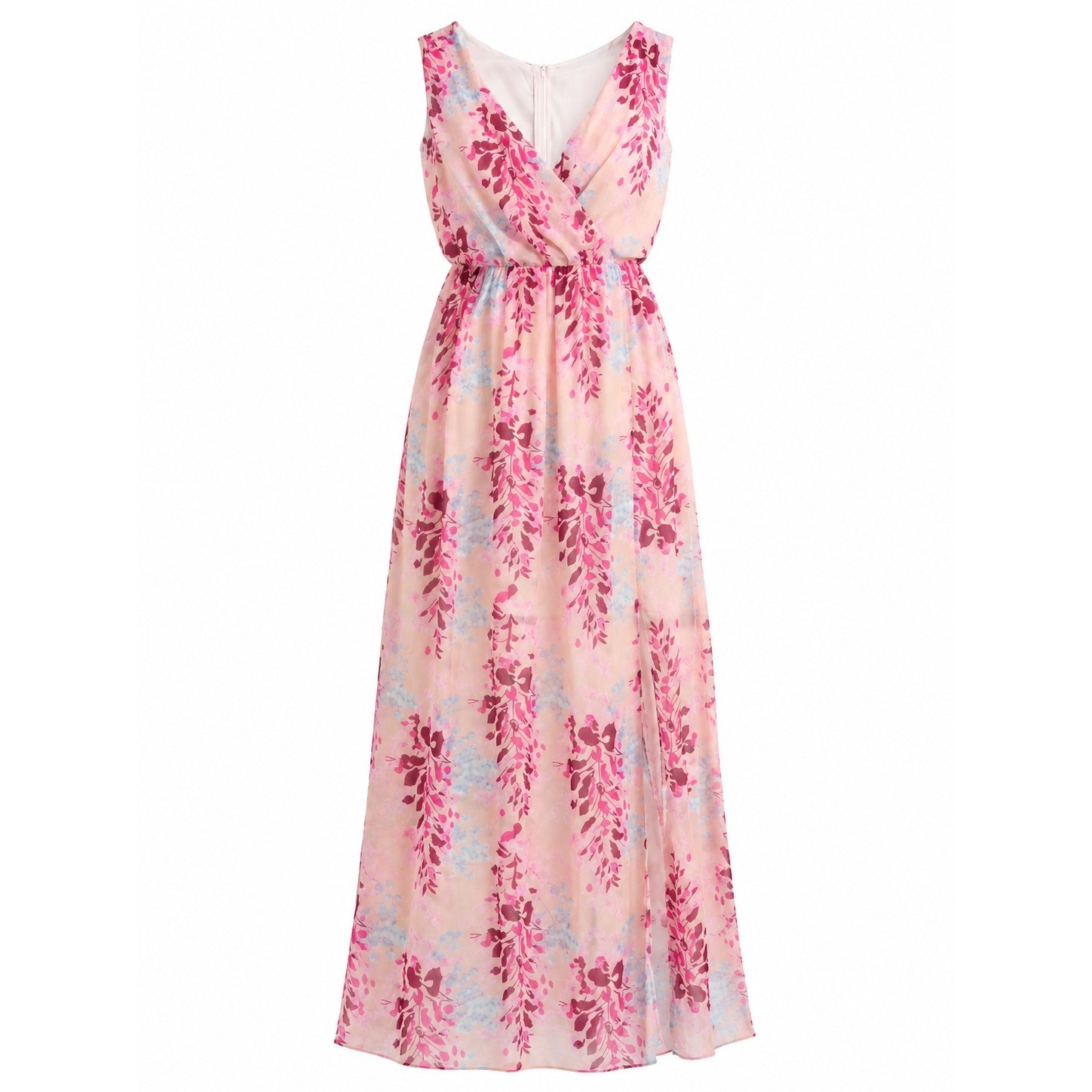 Pink Floral Chiffon Maxi Dress Sleeveless V-Neck High Slit XL Wedding Guest