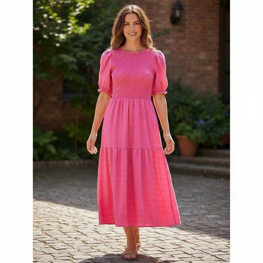 Hot Pink Smocked Midi Maxi Dress Puff Sleeve Vacation Cruise Cottagecore Medium