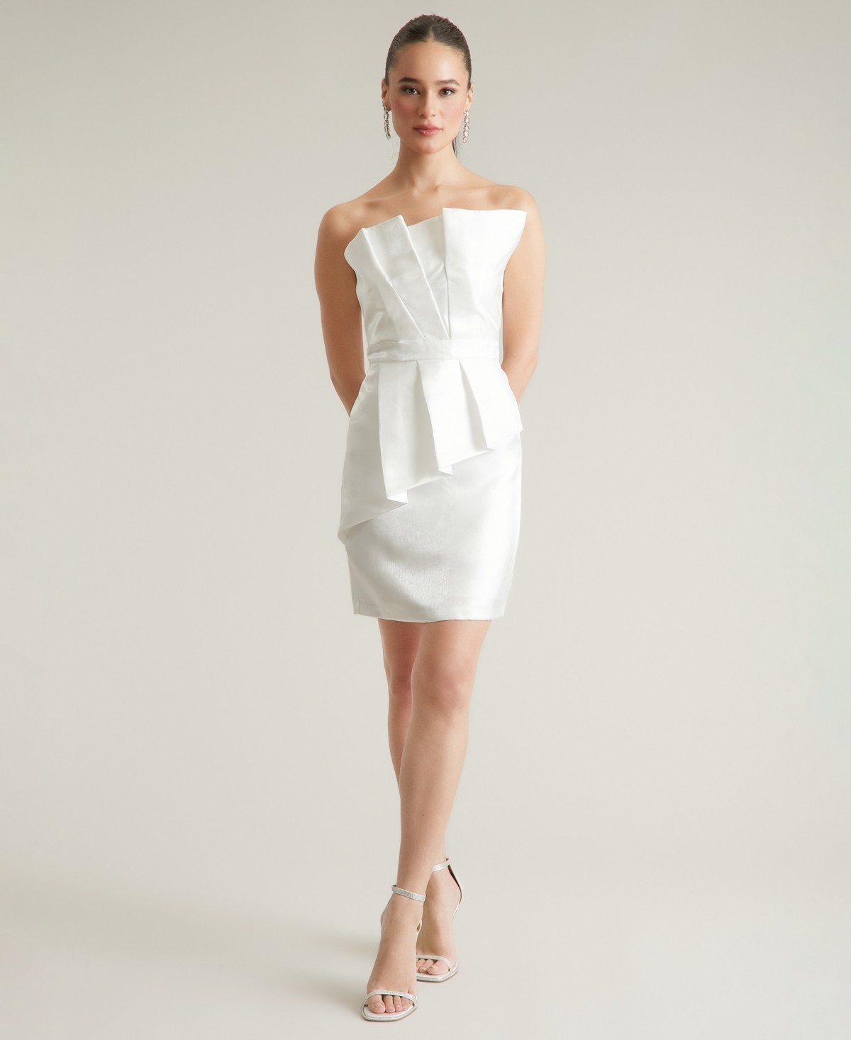 Ivy + Blu Pleated Bustier Peplum Mini Dress Women’s 12 Ivory Back Zip Closure