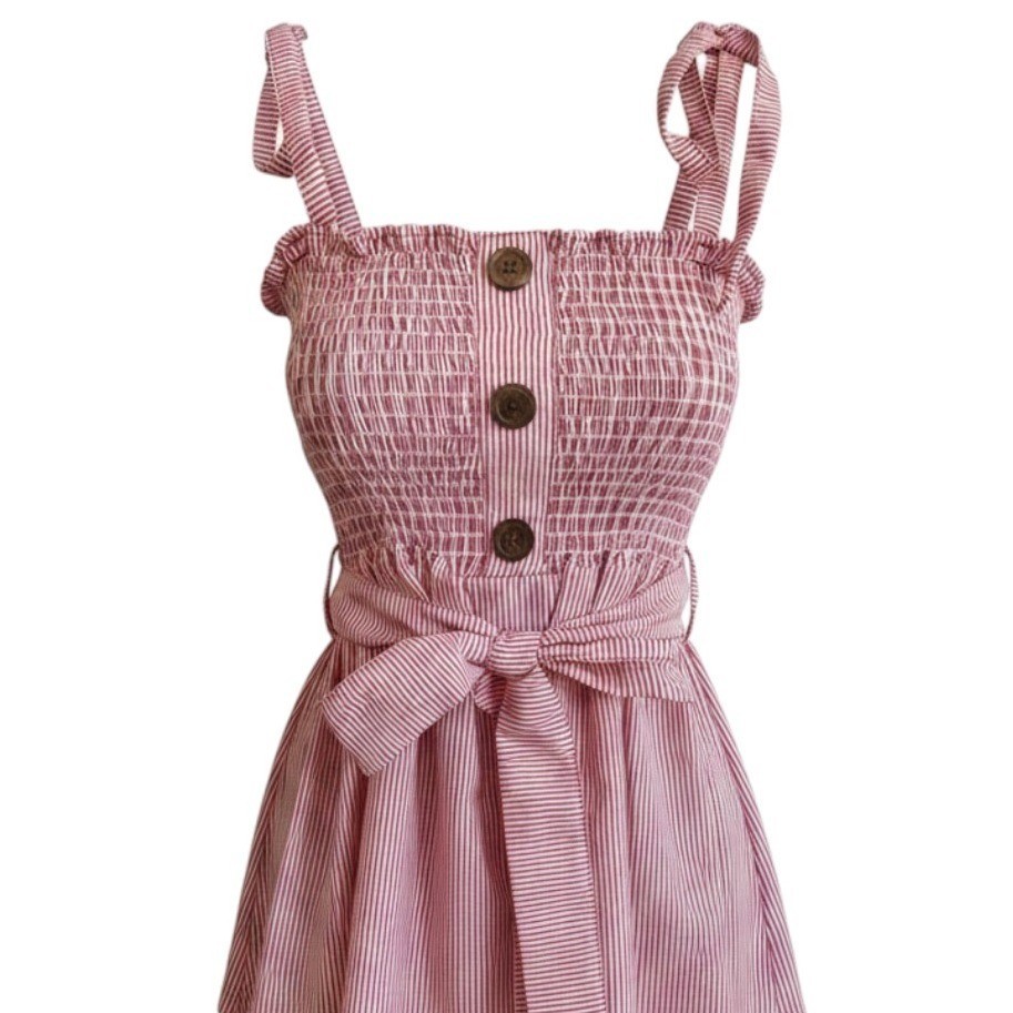 Red White Pinstripe Sundress Tie Shoulder Button Front A-Line Midi Dress