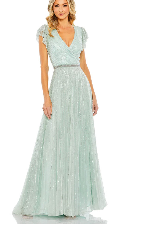 MAC DUGGAL 5502 SEQUINED WRAP OVER RUFFLED CAP SLEEVE SEAMIST GOWN sz 16