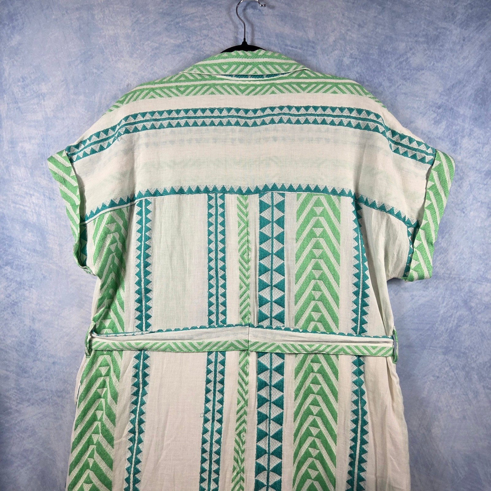 En Creme Green Geometric Aztec Print Midi Shirt Dress Belted NWT Size L