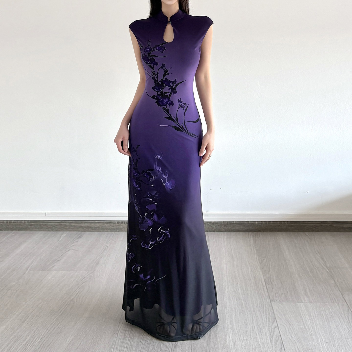 Modern Chinese Sleeveless Chiffon Cheongsam Dress Purple Gradient Floral Print