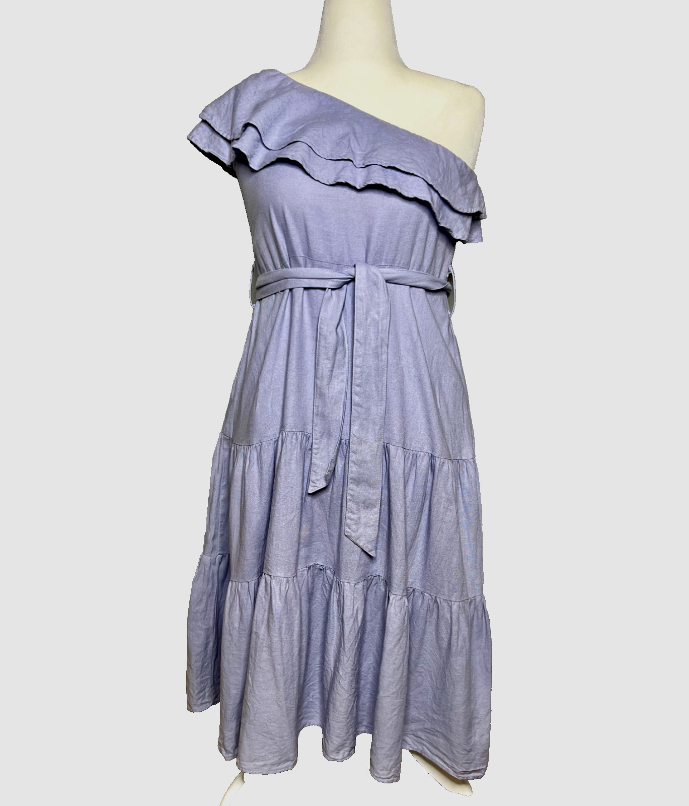 Nicole Miller One Shoulder Dress M Blue Linen Ruffle Tiered Cottage Coastal Boho