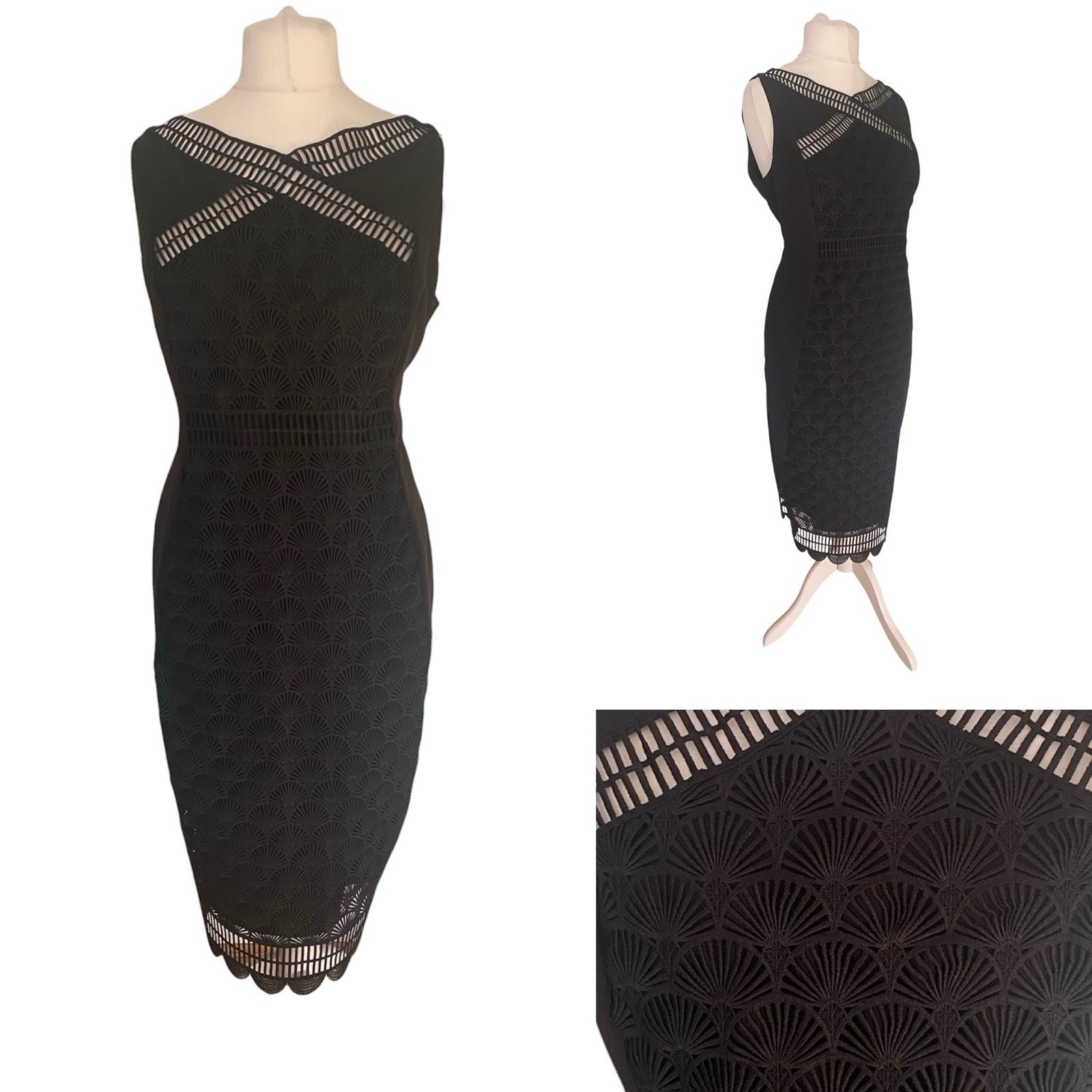 Women Black Dress UK 16 Party Cocktail Midi MINT VELVET Art Deco V Neck Cut Out