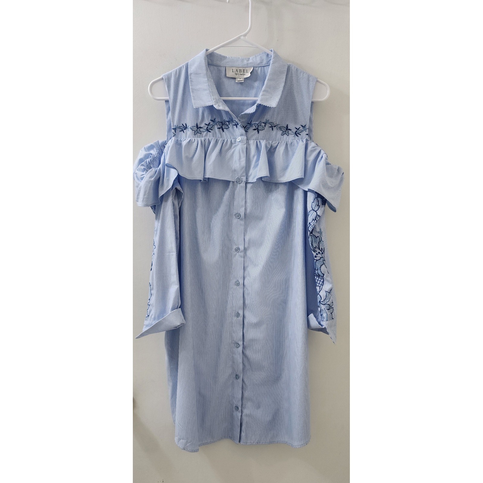 Label by 5 Twelve Blue White Pinstripe Cold Shoulder Ruffle Shirt Dress Size 12